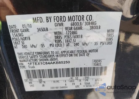 2010 Ford F-150 Fx2 Sport/Stx/Xl/Xlt z USA, uszkodzony, nr VIN 1FTEX1C84AKB85250